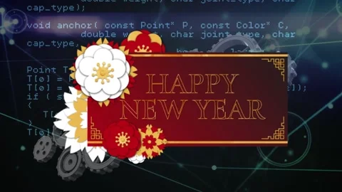 Animation of happy new year text with gears, dots connecting with lines and Stock Footage 329706751