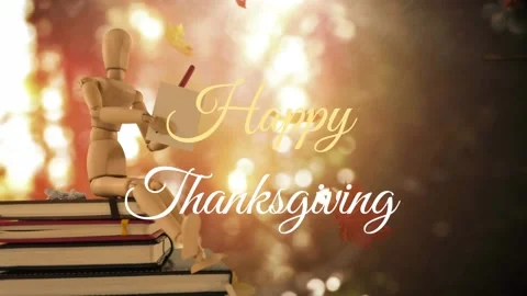 Animation of happy thanksgiving text over leaves and puppet Stock Footage 211546595