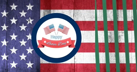 Animation of hapy labor day over flag of usa and green lines Stock Footage 328974332