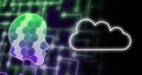 Animation of head and cloud icons and data processing over circuit board Stock Footage 329488397