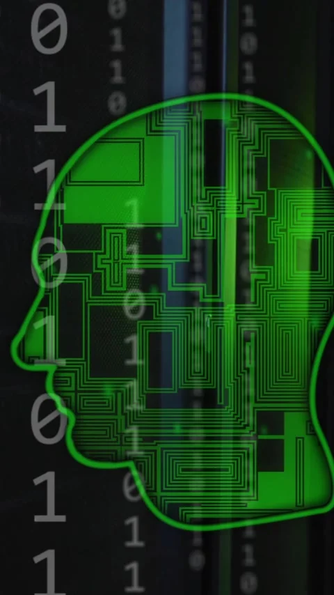 Animation of head, binary coding data processing over computer servers Stock Footage 323781438