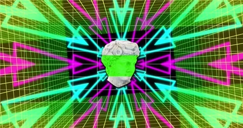 Animation of head sculpture with interference over colorful shapes on black Stock Footage 328500780