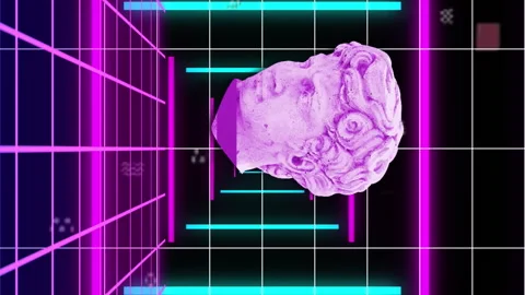 Animation of head sculptures with interference over colorful shapes and leaves Stock Footage 312351499