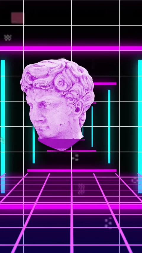 Animation of head sculptures with interference over colorful shapes and leaves Stock Footage 323898008