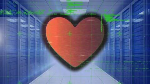 Animation of heart icon and data processing over computer servers Stock Footage 327714528