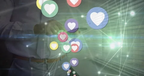 Animation of heart icons floating over mid section of a businessman using Stock Footage 327783471