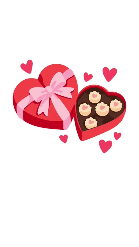 Animation heart shaped gift box filled with chocolates romantic concept Video stock 346374021
