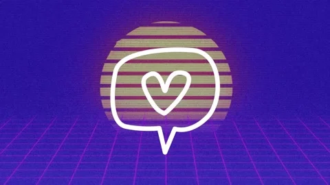 Animation of heart speech bubble icon with rays over moving grid pattern against Stock Footage 205588971