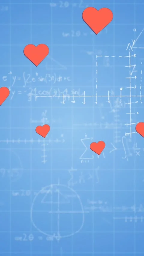 Animation of hearts falling over mathematical equations on blue background Stock Footage 341918325