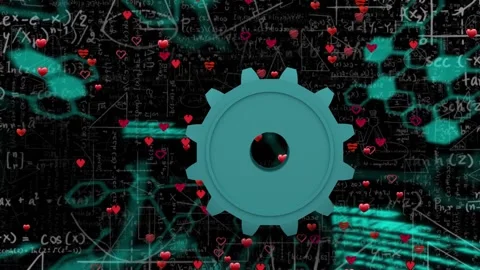 Animation of hearts floating over gear and math formulas Stock Footage 327847030