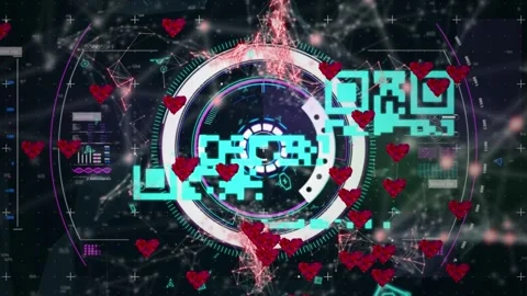 Animation of hearts floating over qr code and data processing on black Stock Footage 330474666