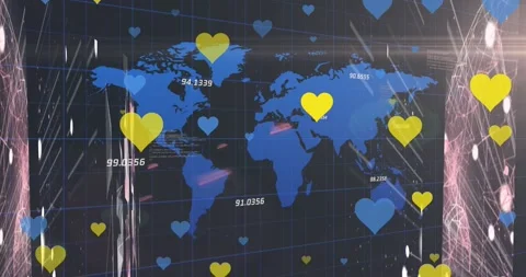 Animation of hearts over data processing and world map on black background Stock Footage 329361465