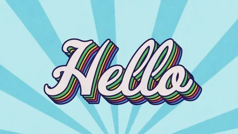 Animation of hello text banner against radial rays in seamless pattern on blue Stock Footage 327643361