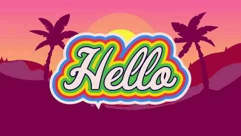 Animation of hello text banner with rainbow effect against palm trees and sunset Stock Footage 329850292