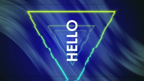 Animation of hello text over neon triangles over blue trails background Stock Footage 327956641