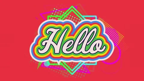 Animation of Hello text with rainbow colours and multiple abstract shapes moving Stock Footage