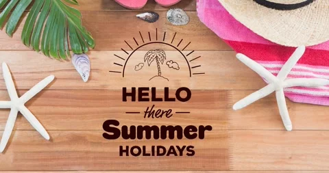 Animation of hello there summer holidays text over wooden table with shells Stock Footage 328924163