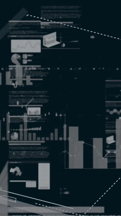 Animation of hexagon over multiple graphs and trading board against black Stock Footage 321039311