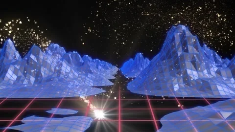 Animation of hexagon pattern and flying lens flare over 3d mountains against Stock Footage 330341897