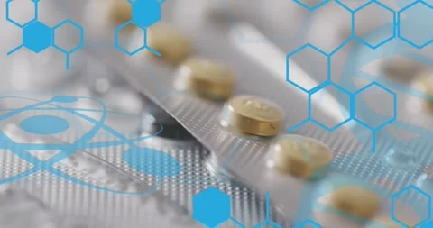 Animation of hexagon pattern and molecule structure over packet tables Stock Footage 242349323