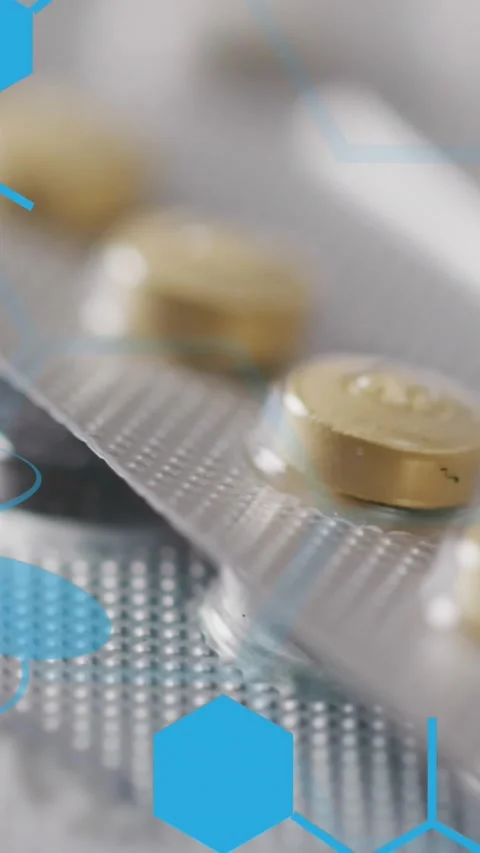 Animation of hexagon pattern and molecule structure over packet tables Stock Footage 320215458