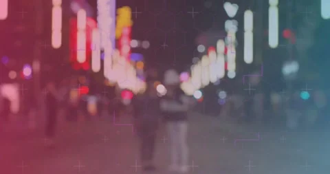 Animation of hexagon pattern and plus symbols over people walking on streets in Stock Footage 328588433