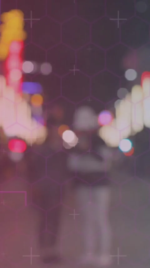 Animation of hexagon pattern and plus symbols over people walking on streets in Stock Footage 344556685
