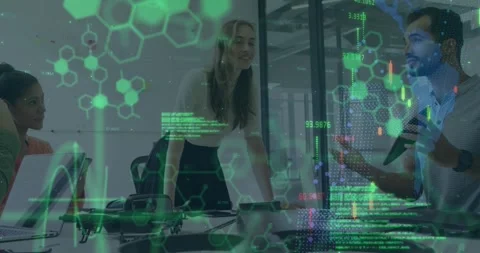 Animation of hexagon patterns, graphs, map, computer language, diverse coworkers Stock Footage 327277742