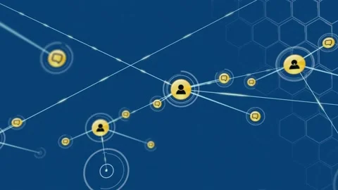 Animation of hexagonal shape pattern design over network of digital icons on Stock Footage 231180978