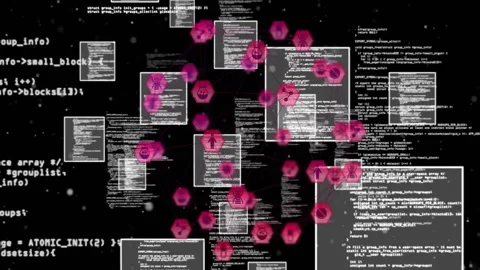 Animation of hexagonal shapes and code snippets floating in digital background Stock Footage 305080573