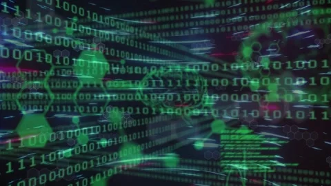 Animation of hexagons, binary code, brain and lights moving over black Stock Footage 329026752