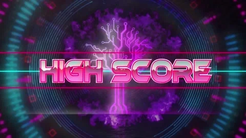 Animation of high score start text on microprocessor connections and neon shapes Vídeo Stock 234947917