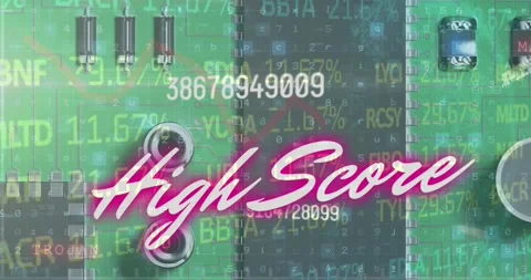 Animation of high score text and data processing over computer server Stock Footage 327714454