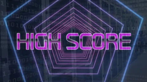 Animation of high score text on hexagon tunnel over binary codes against black Stock Footage 246530618