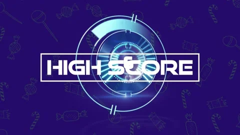 Animation of high score text over scope scanning and candy icons on blue 库存影片 326629518