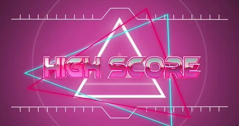 Animation of high score text over neon banner against triangular shapes in Stock Footage 327525984