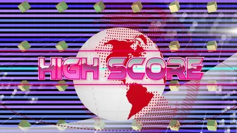 Animation of high score text over rotating graphical globe and boxes against Stock Footage 328004820