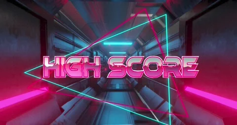 Animation of high score text on triangles over futuristic tunnel in background Stock Footage 329362582