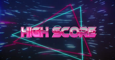 Animation of high score text on triangular banner and blue light trails spinning Stock Footage 255099286