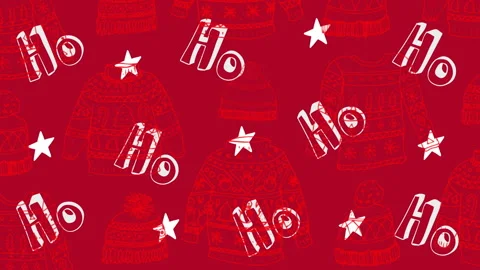 Animation of ho, ho, ho text, stars and christmas pattern jumpers and hats Stock Footage 142853404
