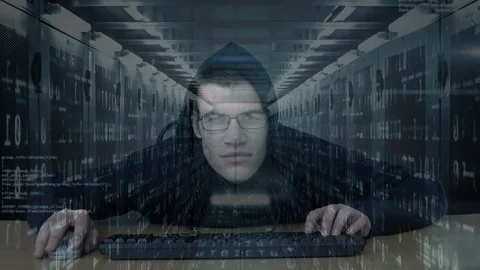 Animation of hooded man hacking a computer 스톡 동영상 128307234