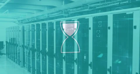 Animation of hourglass loading and data processing over computer servers Stock Footage 161022389