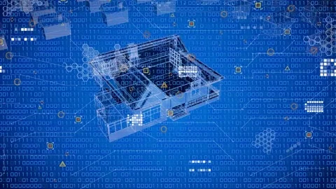 Animation of house model rotating in blue digital space with icons and binary Stock Footage 330724532