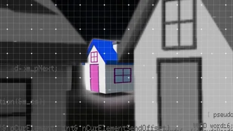 Animation of house models zooming with light beams on grid digital interface Stock Footage 203889588
