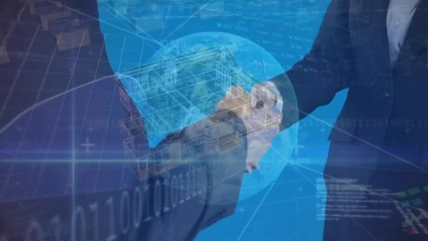 Animation of houses, binary codes, globe on midsection of caucasian Stock Footage 327529371