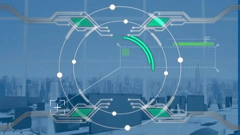 Animation of hud elements, circles, connecting dots with furniture at office Stock Footage 330583607