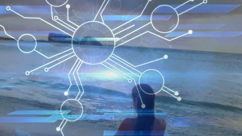 Animation of hud elements with futuristic light, caucasian woman in bikini Stock Footage 325962639