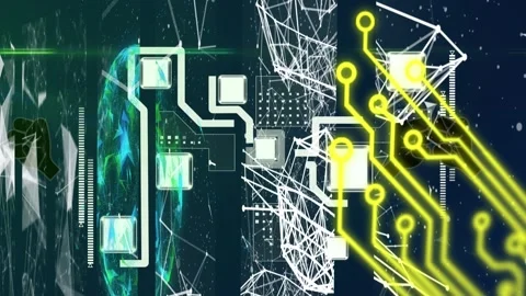 Animation of hud elements with geometric shapes, network connection on digital Stock Footage 330399746