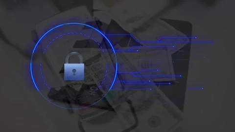 Animation of hud elements with lock over credit card reader with currency notes Stock Footage 328412627