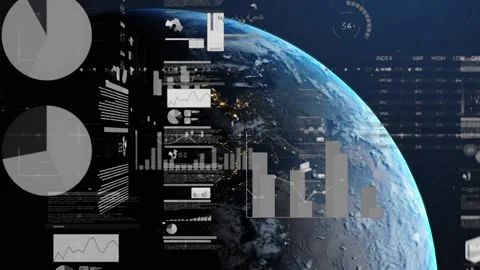 Animation of hud interface with graphs, data and trading board over rotating Stock Footage 328299040